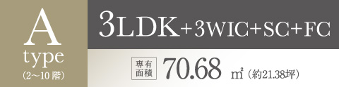 Atype(2-10階) 3LDK+3WIC+SC+FC 専有面積70.68㎡ （約21.38坪）