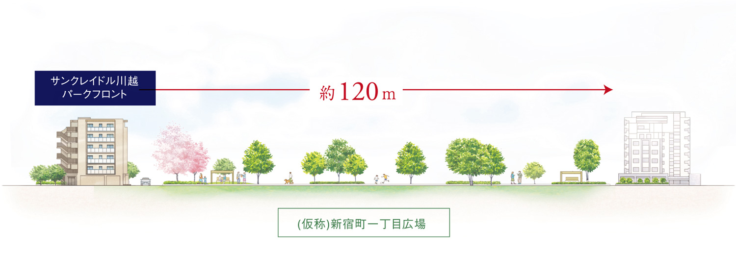 隣接する公園と空に向けて広がる大きな眺望。